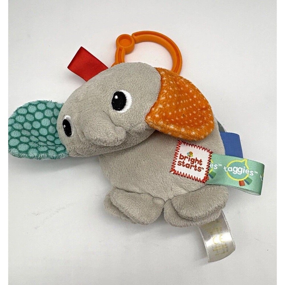 Bright Starts Taggies Elephant Plush Baby Toy w/ Clip Gray Orange Green